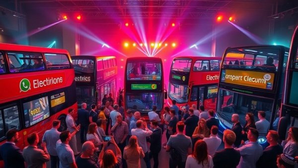 Celebration with electric buses in North East, vibrant light show.