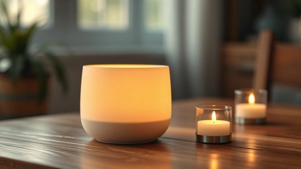 Modern Smart Candle Warmer on wooden table, glowing light.