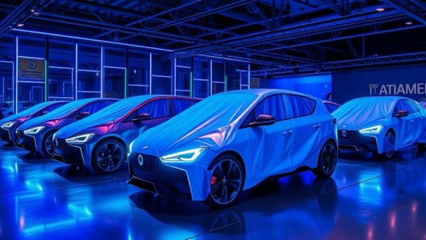Futuristic display of vehicles with vibrant blue lighting, BMW iX3 electric vehicle.