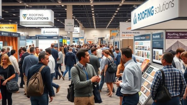 Roofing solutions discussion at a trade show booth.