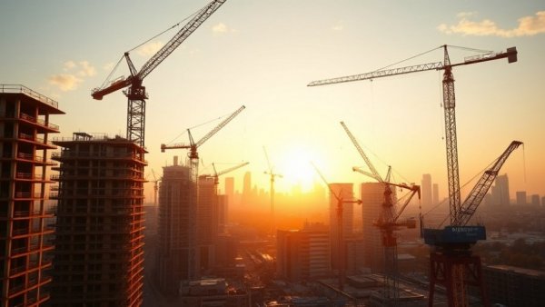 Construction site at sunrise with city skyline, cranes active, 2025 job growth.