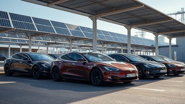 Tesla vehicles under solar carport illustrating sustainability.