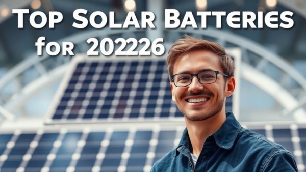 Smiling person with top solar batteries 2026, futuristic design background.