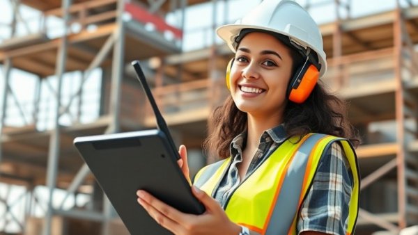 Young female construction worker with tablet and radio on site, highlighting Cybersecurity in Construction.