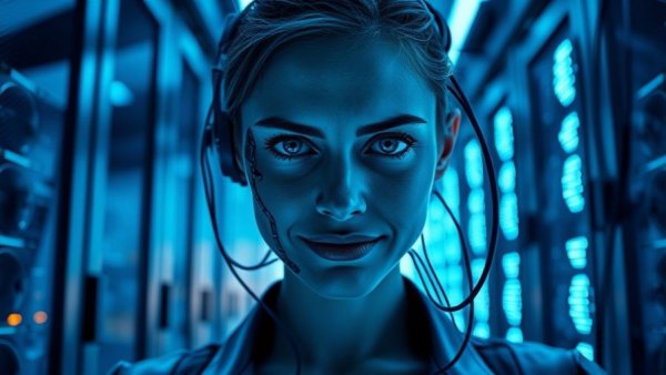 Woman with cyborg face in a server room, illustrating AI costs.