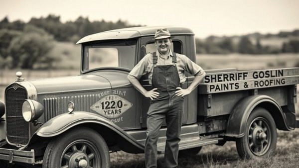 Historic image of Sherriff Goslin truck showcasing early roofing services.