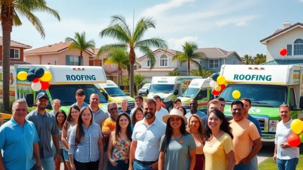 Group at promotional event with roofing trucks, outdoors, festive.