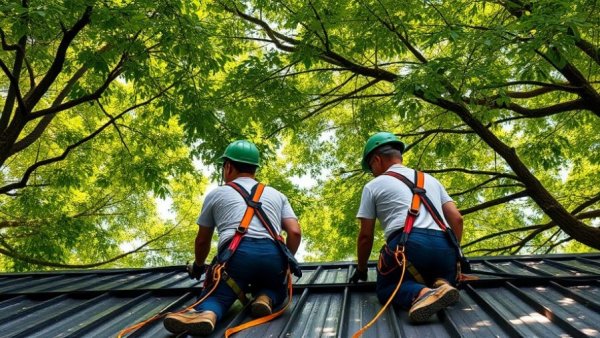 Workers conducting roof maintenance near lush trees, linked to instant roofing quotes.