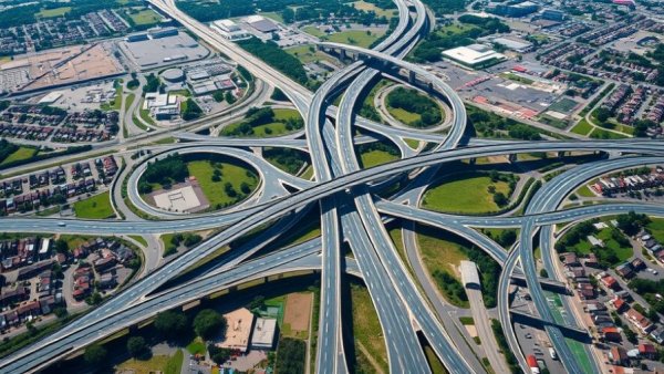 Aerial view of highway interchange near residential areas for AGC Safety & Health Town Hall.