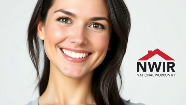 Smiling woman in front of NWIR logo, Roofing industry.