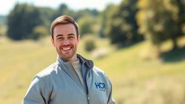 Smiling man in HCR Group jacket outdoors, related to roofing.