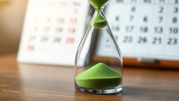 Hourglass with green sand and calendar highlighting invisible work in the workplace.