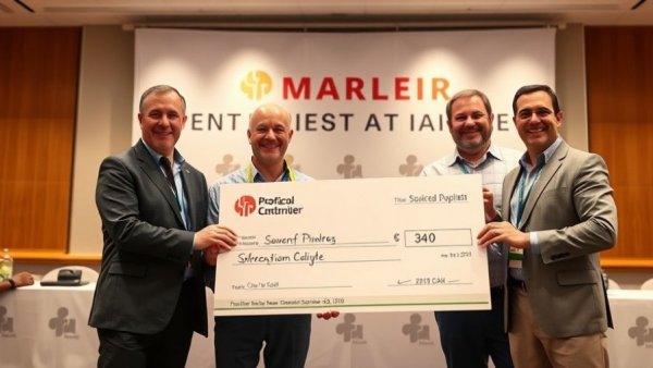 Four men celebrating a roofing award event with large check.