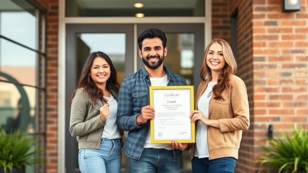 Group holding certificate outside building entrance for roofing.