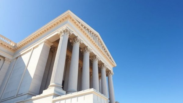 Imposing neoclassical building with stately columns under a clear blue sky.