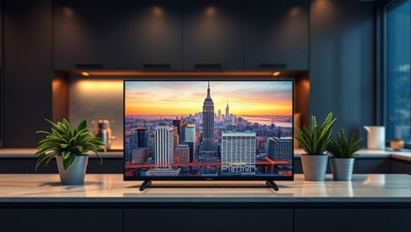 Echo Show 11 displaying cityscape on kitchen countertop, ambient lighting.