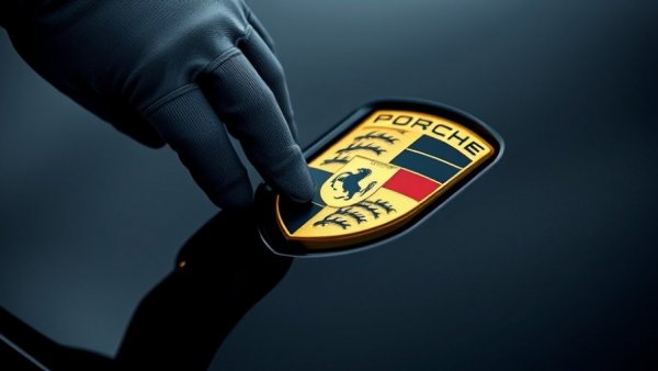 White-gloved hand touching Porsche emblem on car hood, Porsche electric sports car club.