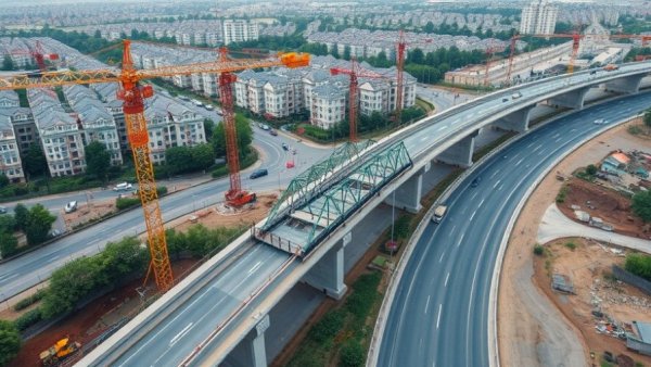 Aerial infrastructure construction site with cranes and machinery.
