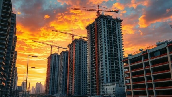 High-rise construction site with cranes at sunset, construction material cost increases.