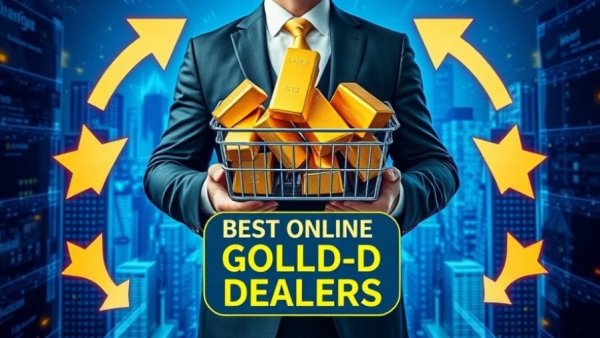 Futuristic depiction of best online gold dealers with gold bars.