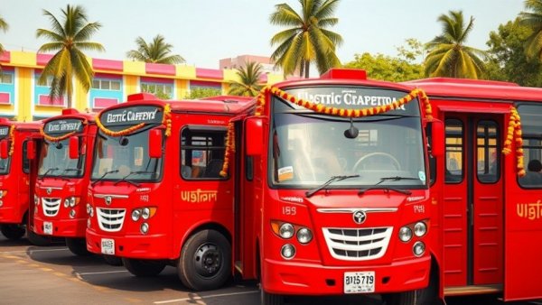 Electric buses lined up for deployment in Puducherry background, colorful building.