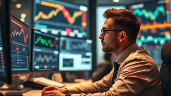 Professional reviewing metrics to find undervalued stocks on multiple screens.