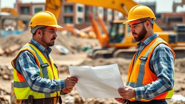 Construction workers discussing plans at a busy site, February 2023.