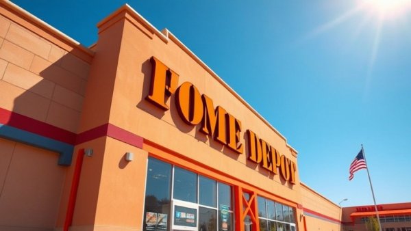 Bright Home Depot store exterior with American flag, showcasing vibrant atmosphere.