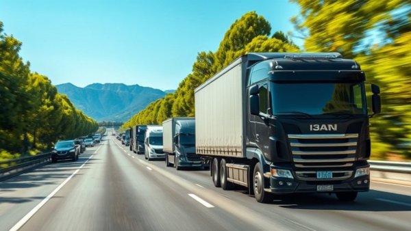 Trucks and cars on highway highlighting traffic safety.