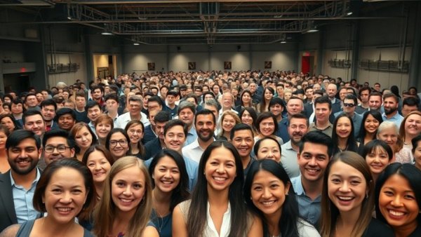 Group at roofing event in industrial-style venue.