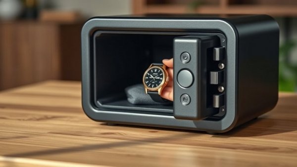 Sleek smart home safe with a person storing watch inside, 2026 model.