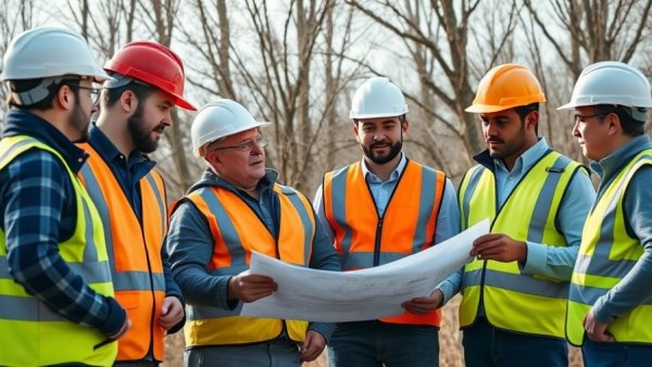 Construction team discussing Potomac Interceptor updates in safety gear.