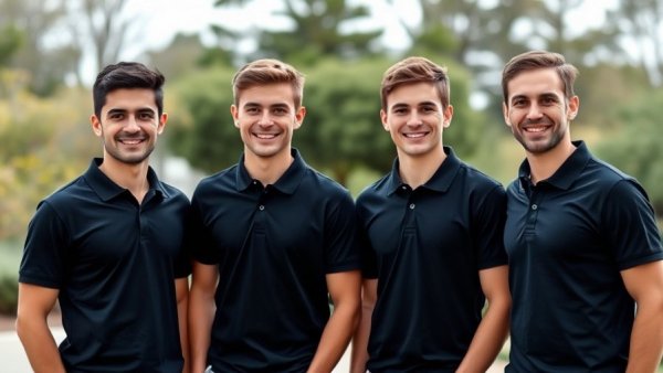 Confident group of young men in black polos, workforce development in construction theme.
