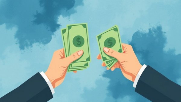 Abstract hands exchanging money in a vibrant illustration on financial well-being.