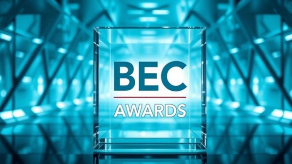 Futuristic BEC Awards logo with glass cube design.