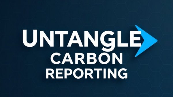 Carbon Reporting in Construction graphic with text and arrow.