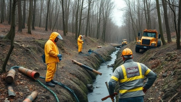 Potomac Interceptor Response Efforts with cleanup crew and excavator by creek.