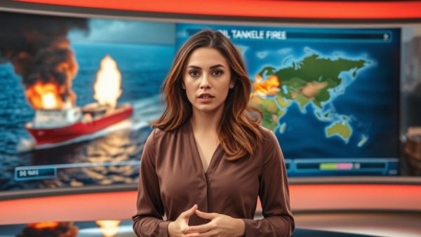 Concerned woman discusses The Global Energy Crisis with fiery tanker image.