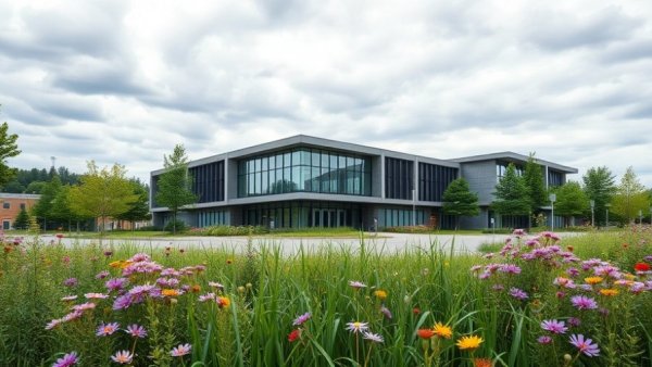 College campus building with wildflowers and cloudy sky.