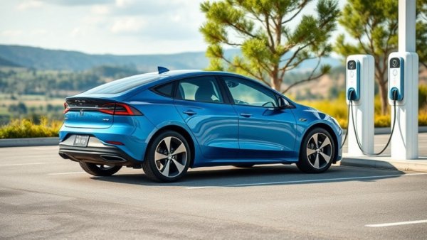 Blue electric vehicle charging at a picturesque New Zealand station.