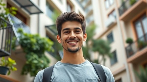 Balcony solar technology on urban building with young man.