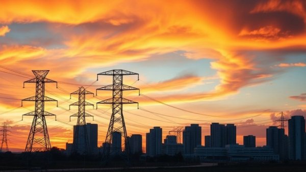 Electric pylons against sunrise, symbolizing electricity demand grid construction.