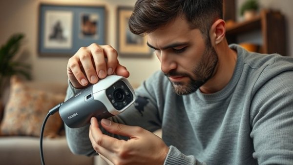 Focused man installing home security add-ons in living room.