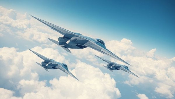 Futuristic aircrafts powered by H2Sky fuel cell stack flying in blue sky.