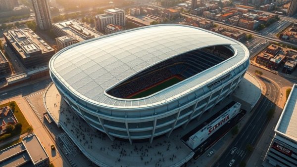 Aerial view of stadium with retractable roofing and cityscape.