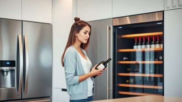 Modern kitchen with AI wine refrigerator and woman selecting wine.