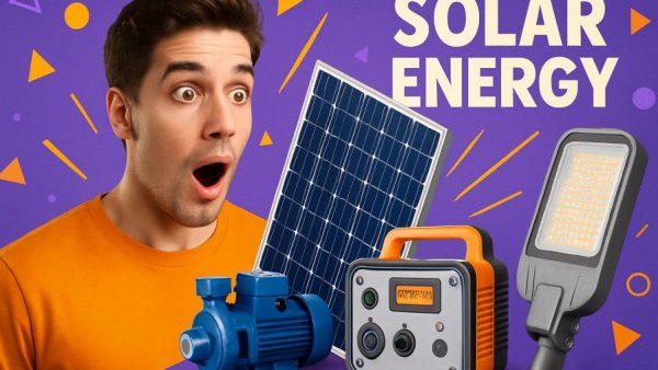 Promotional banner for solar energy devices with surprised man and text.