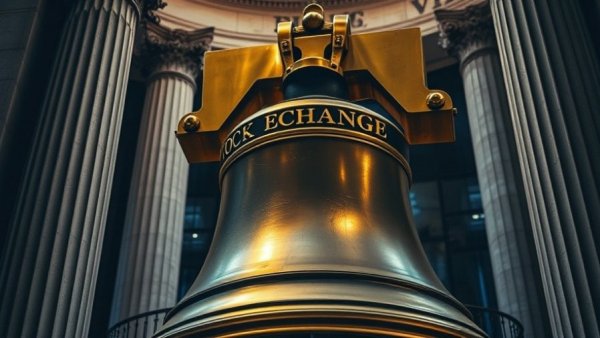 Golden stock exchange bell against blue background