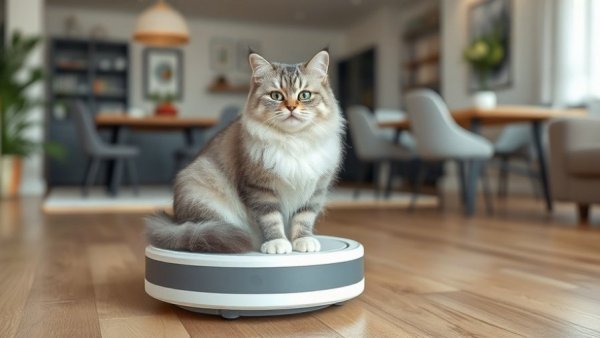 Cat on robot vacuum in a modern living room, illustrating Robot Vacuum Maintenance Mistakes.