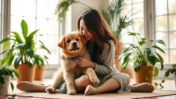 Young woman with laptop and fluffy dog indoors, discussing pet camera safety tips.